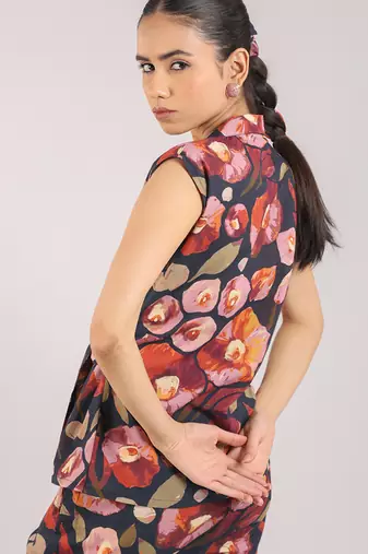Black floral printed cotton tie-on co-ord