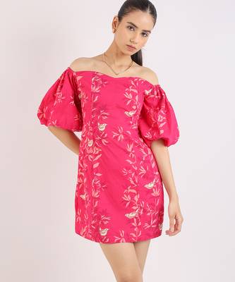Ruby pink short puffed sleeves floral printed cotton dress 1