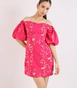 Ruby pink short puffed sleeves floral printed cotton dress