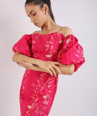 Ruby pink short puffed sleeves floral printed cotton dress 2