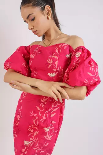 Ruby pink short puffed sleeves floral printed cotton dress