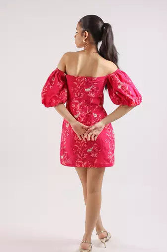Ruby pink short puffed sleeves floral printed cotton dress