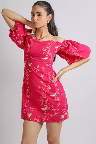 Ruby pink short puffed sleeves floral printed cotton dress