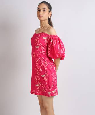 Ruby pink short puffed sleeves floral printed cotton dress 5