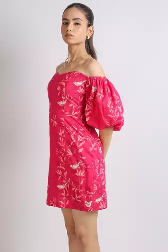 Ruby pink short puffed sleeves floral printed cotton dress