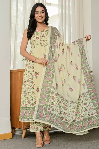 yellow cotton straight sleeveless strappy kurta dupatta set
