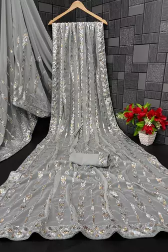 grey Georgette sequin embroidered Saree With Blouse