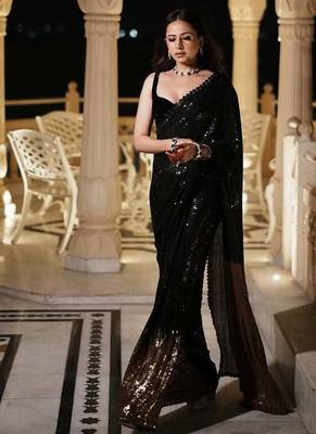 black Georgette sequin worked Saree With Blouse 3