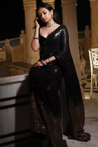 black Georgette sequin worked Saree With Blouse