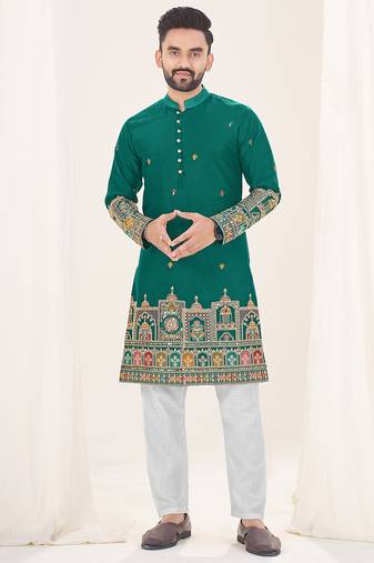 Turquoise silk embroidered full sleeve kurta for men