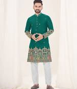 Turquoise silk embroidered full sleeve kurta for men