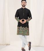 Black silk embroidered full sleeve kurta for men