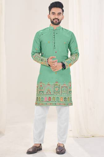 Turquoise sea green silk embroidered full sleeve kurta for men