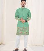 Turquoise sea green silk embroidered full sleeve kurta for men