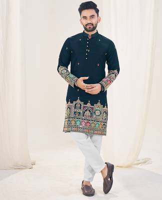 Navy blue silk embroidered Full sleeve kurta for men 1