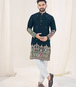 Navy blue silk embroidered Full sleeve kurta for men