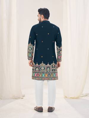 Navy blue silk embroidered Full sleeve kurta for men 2