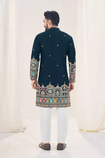 Navy blue silk embroidered Full sleeve kurta for men