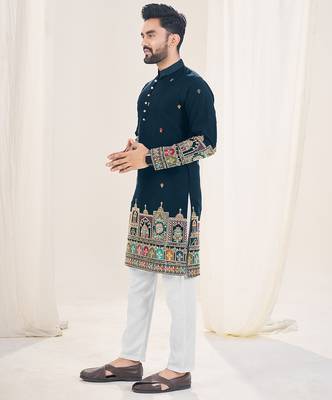 Navy blue silk embroidered Full sleeve kurta for men 3