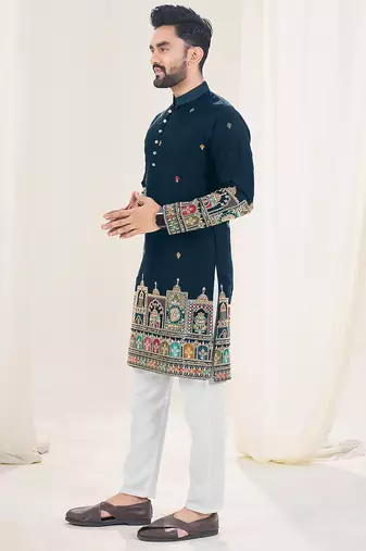 Navy blue silk embroidered Full sleeve kurta for men