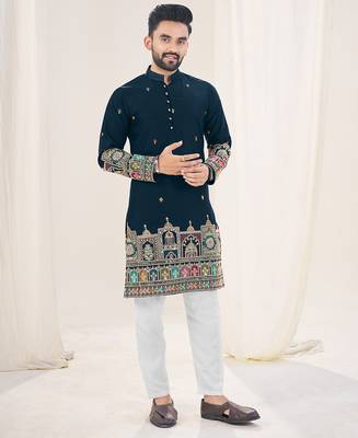 Navy blue silk embroidered Full sleeve kurta for men 4
