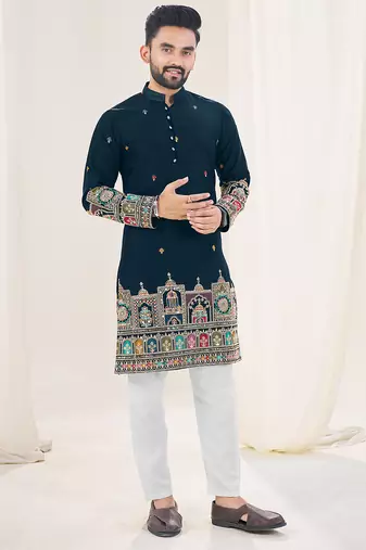Navy blue silk embroidered Full sleeve kurta for men
