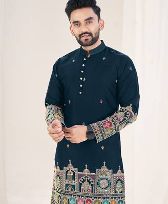 Navy blue silk embroidered Full sleeve kurta for men 5