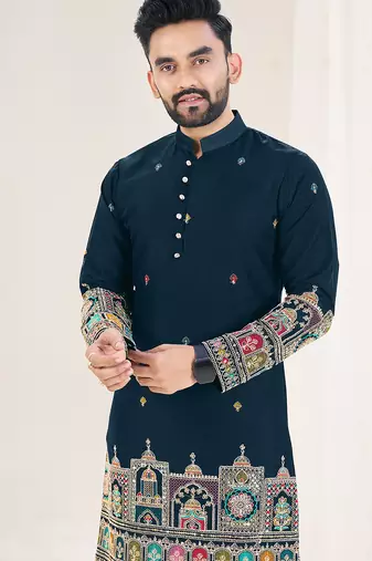 Navy blue silk embroidered Full sleeve kurta for men