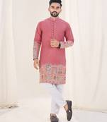 Pink silk embroidered Full sleeve kurta for men