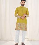 Lime green silk embroidered full sleeve kurta for men