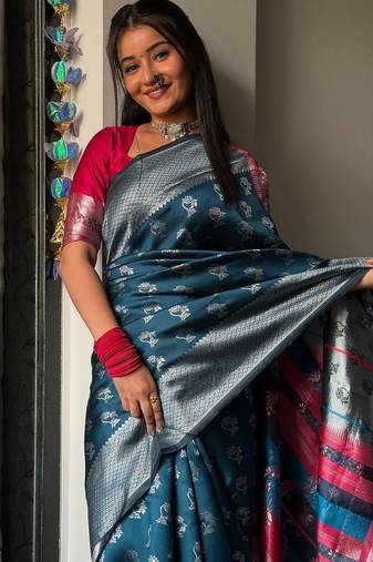 teal silk blend saree with blouse