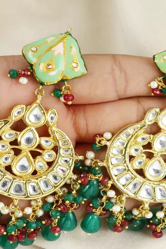 Polki green onyx pearl earrings