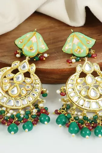 Polki green onyx pearl earrings
