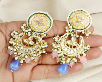 Polki rose quartz blue pearl earrings 1