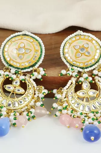 Polki rose quartz blue pearl earrings
