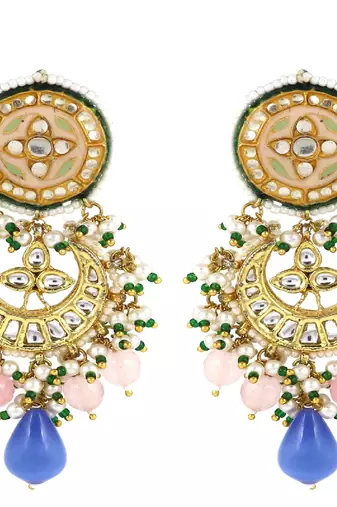 Polki rose quartz blue pearl earrings