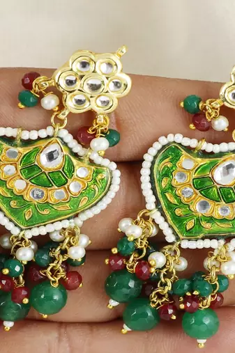 Polki ruby green onyx pearl earrings