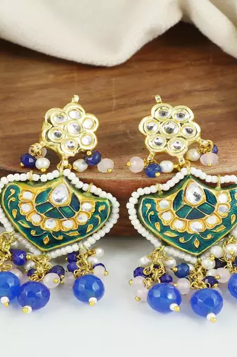 Polki rose quartz blue sapphire earrings