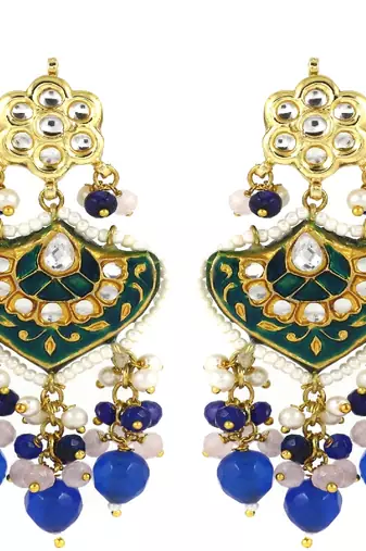 Polki rose quartz blue sapphire earrings