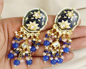 Polki rose quartz blue sapphire earrings 2