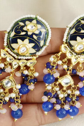 Polki rose quartz blue sapphire earrings