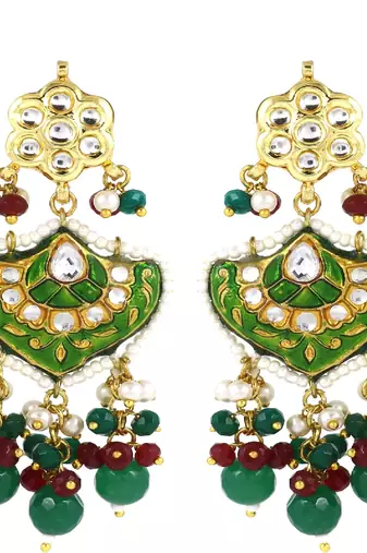 Polki ruby green onyx pearl earrings
