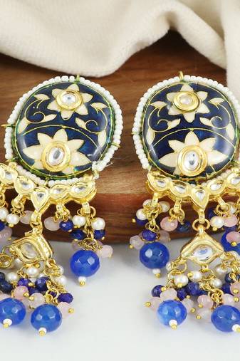 Polki rose quartz blue sapphire earrings