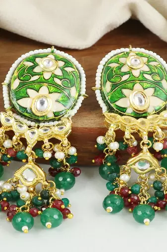 Polki ruby green onyx pearl earrings