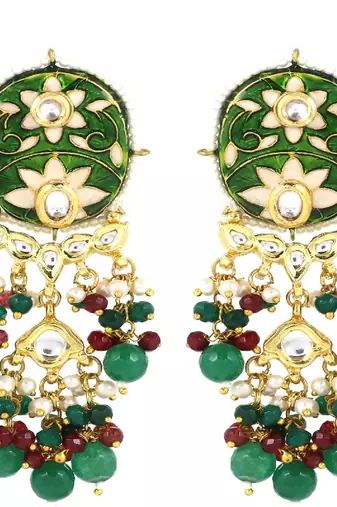 Polki ruby green onyx pearl earrings