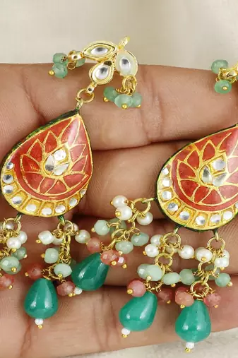 Polki pink quartz green onyx earrings