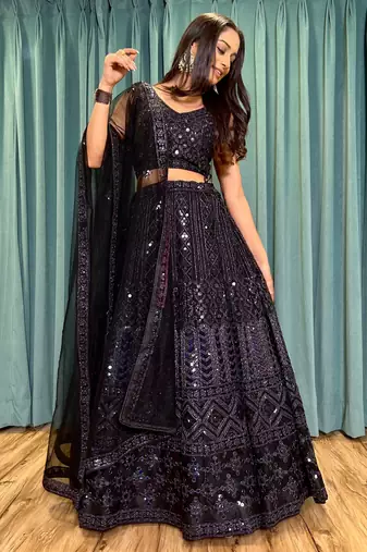 black coding and sequins embroidered net designer lehenga dress