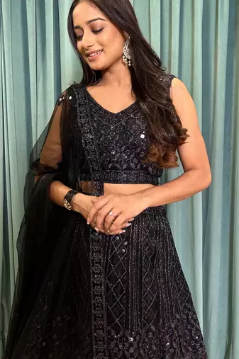 black coding and sequins embroidered net designer lehenga dress