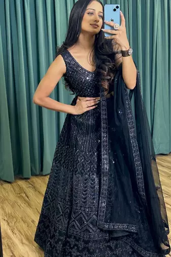 black coding and sequins embroidered net designer lehenga dress