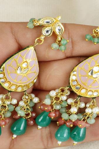 Polki pink quartz green onyx earrings